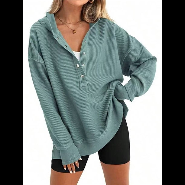Sudadera con Capucha de Larga Extragrande para Mujer, Cuello en V, Botones y Abertura Lateral, Estilo Informal. Verde Pavo Real L