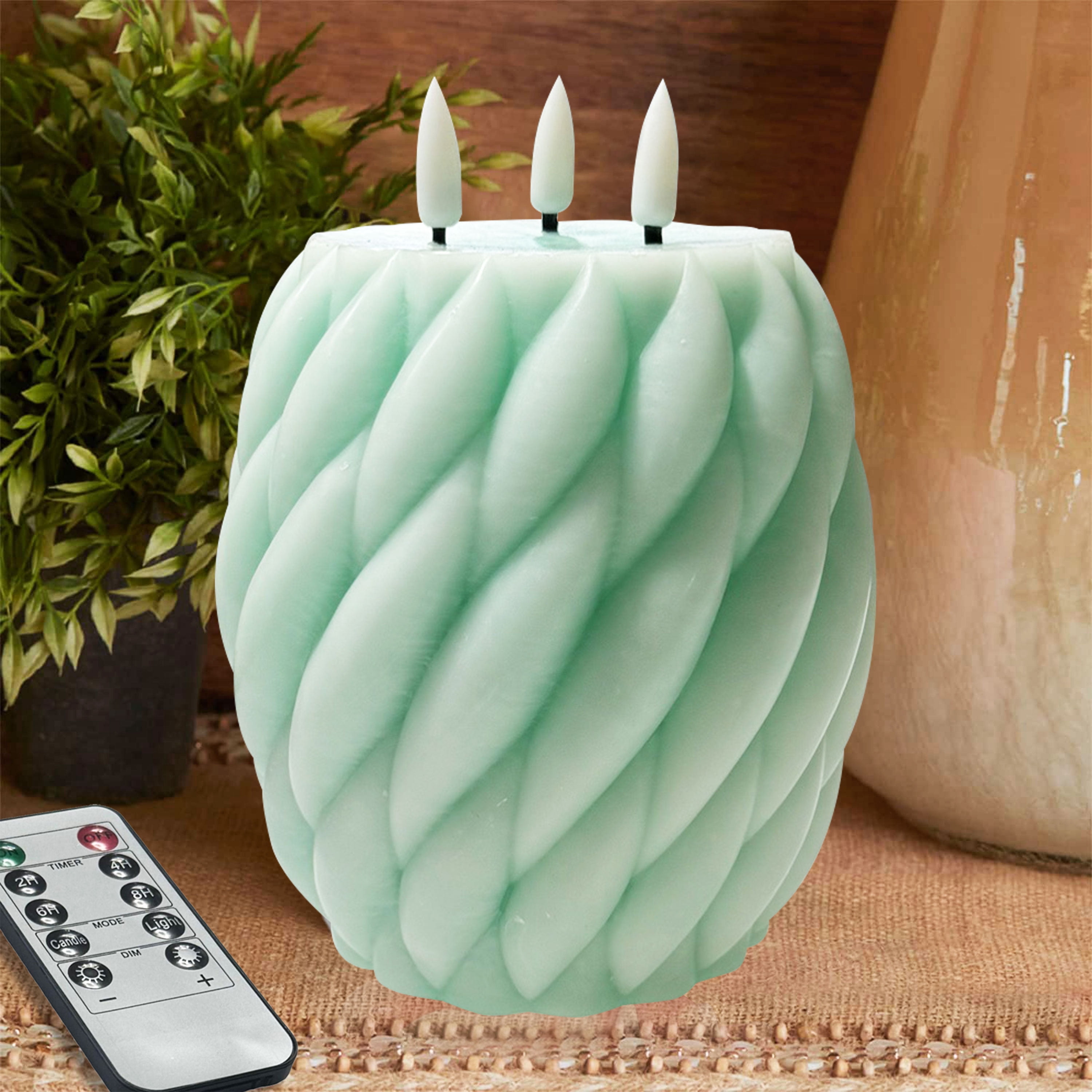 Green Knot Ball Flickering Flameless Candles, Real Wax LED Candles with Remote and Timer, 4.8 Inch Battery Operated Spiral Pillar Candles for Room Decor Home Wedding Decoration