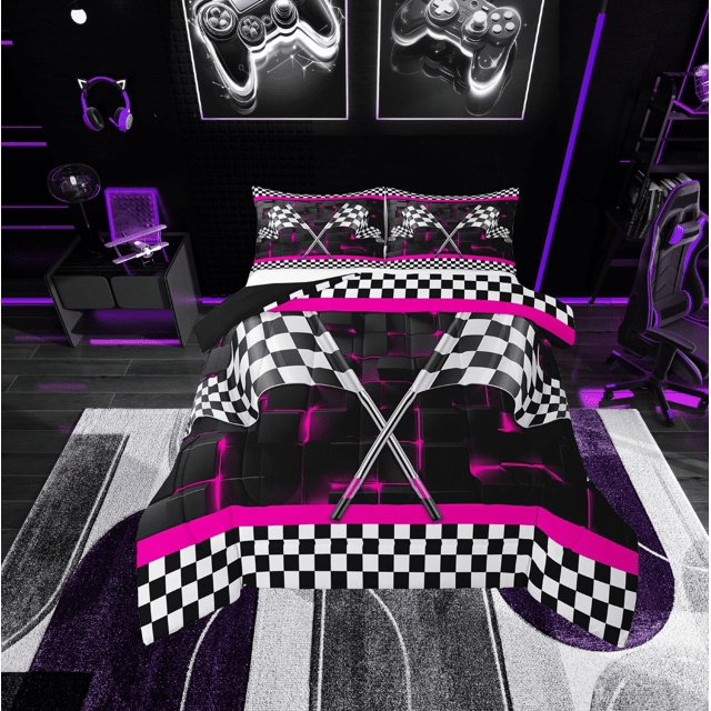 Erosebridal Racing Car Flag Comforter Sets Toddler Size, Hot Pink Comforters & Duvets, 3D Rectangle Decor, Ultra Soft 2 Pieces