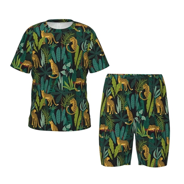 Balery Jungle Leopard Yellow Conjunto de Pijama Infantil de Manga Corta con Estampado – Ropa de Dormir de Algodón Suave-3X-Large
