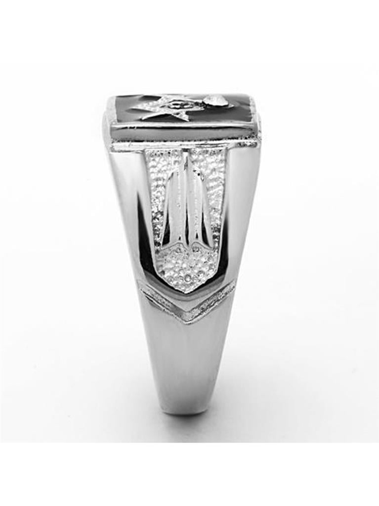 Masonic Mason Black Enamel Men's Ring 4 Cz Accents Stainless Steel Size 8 T37 