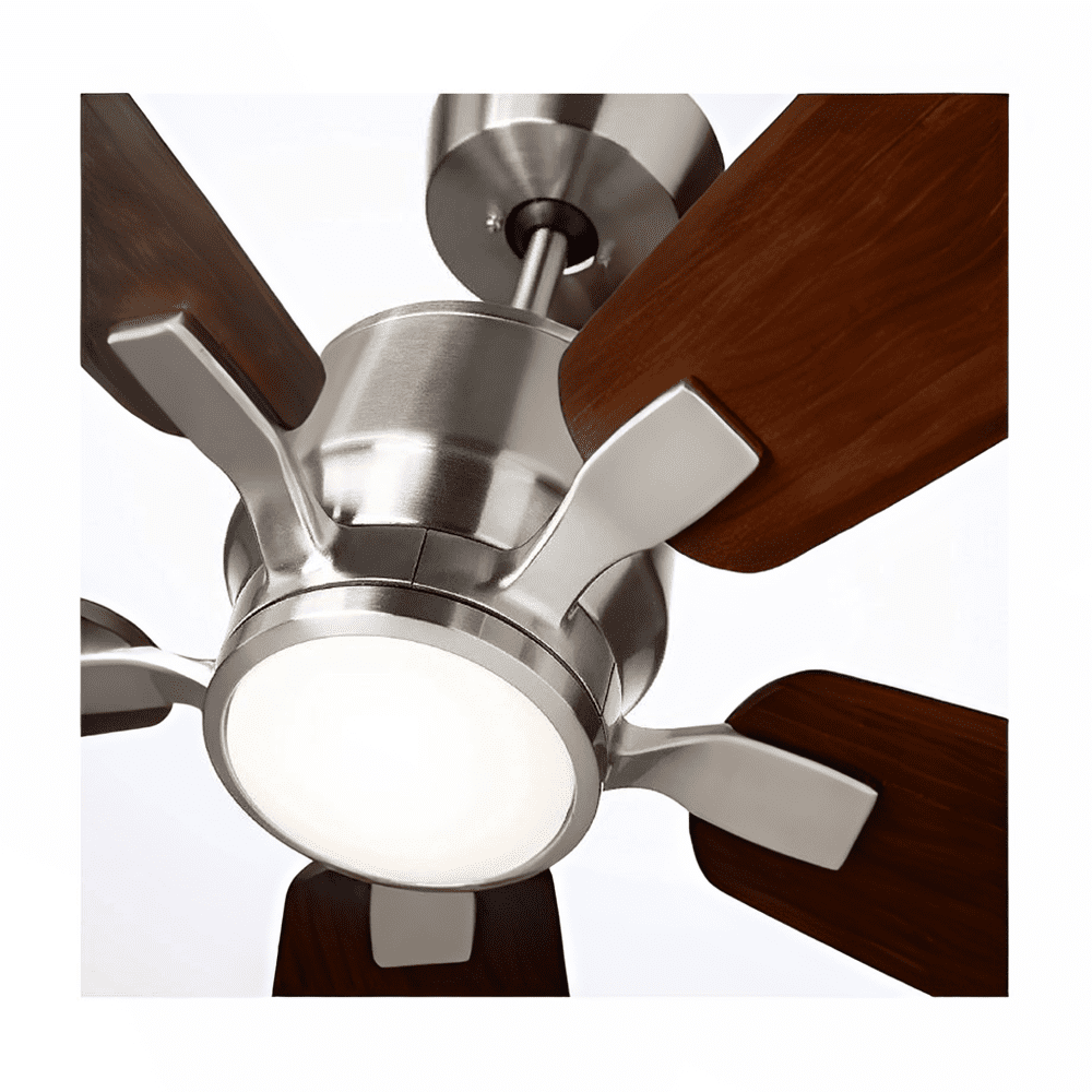 Luminance Kathy Ireland Home Ion Eco LED 60in Ceiling Fan with DC Motor | Hanging Fixture with Dimmable Light Kit, Wall Control, and Downrod Mount |  Brushed Steel  with Walnut Blades