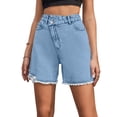 thumbnail image 4 of ClodeEU Women's High Waisted Frayed Hem Denim Bermuda Shorts,Casual Summer Jean Shorts with Pockets Blue,Women's Plus L, 4 of 7
