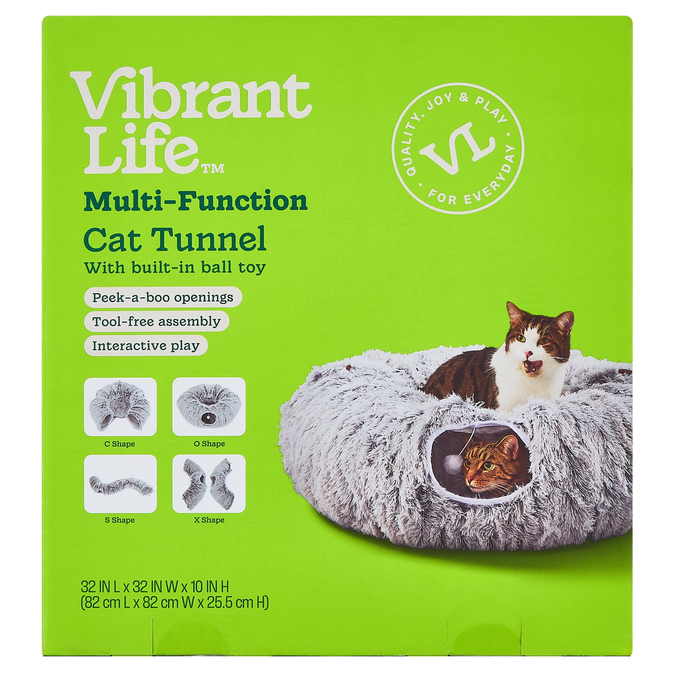 Vibrant Life Cat Tunnel with Bed for Cats, Soft Plush Peekaboo Hideaway Cave, Multiple Shape Configuration Cat Playground, 32" Round, 10.5" Wide Inside