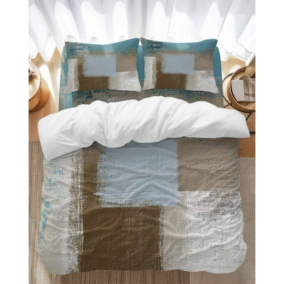 Abstract Mottled Bedding Duvet Cover Set Full Size 4 Pieces Teal Brown Vintage Oil Painting Texture Bedding Set with Zipper Closure, 1 Comforter Cover 86x86 Inches 1 Flat Sheet & 2 Pillow Cases