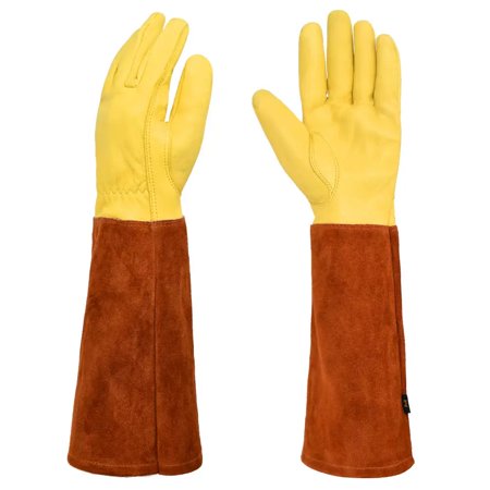 Long-Gardening-Gloves for Women/Men - Thorn Proof Cowhide Leather Rose/Blackberry Pruning Heavy Duty Gloves Thick Palm Gauntlet Garden Work Gloves with Forearm Protection (Coffee-L)