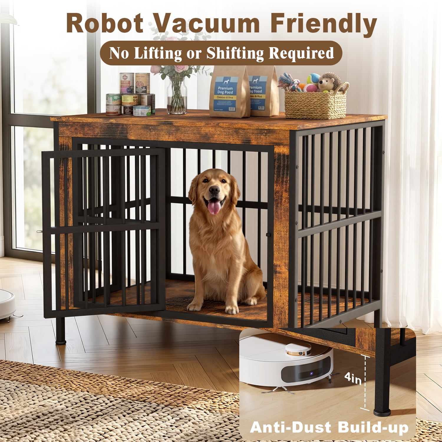 TIME RAY 39 Inch Dog Crate Furniture for Large Dog,Wood Dog Kennel Furniture Indoor with Removable Divider,Dog Cage Furniture as TV Stand,Brown