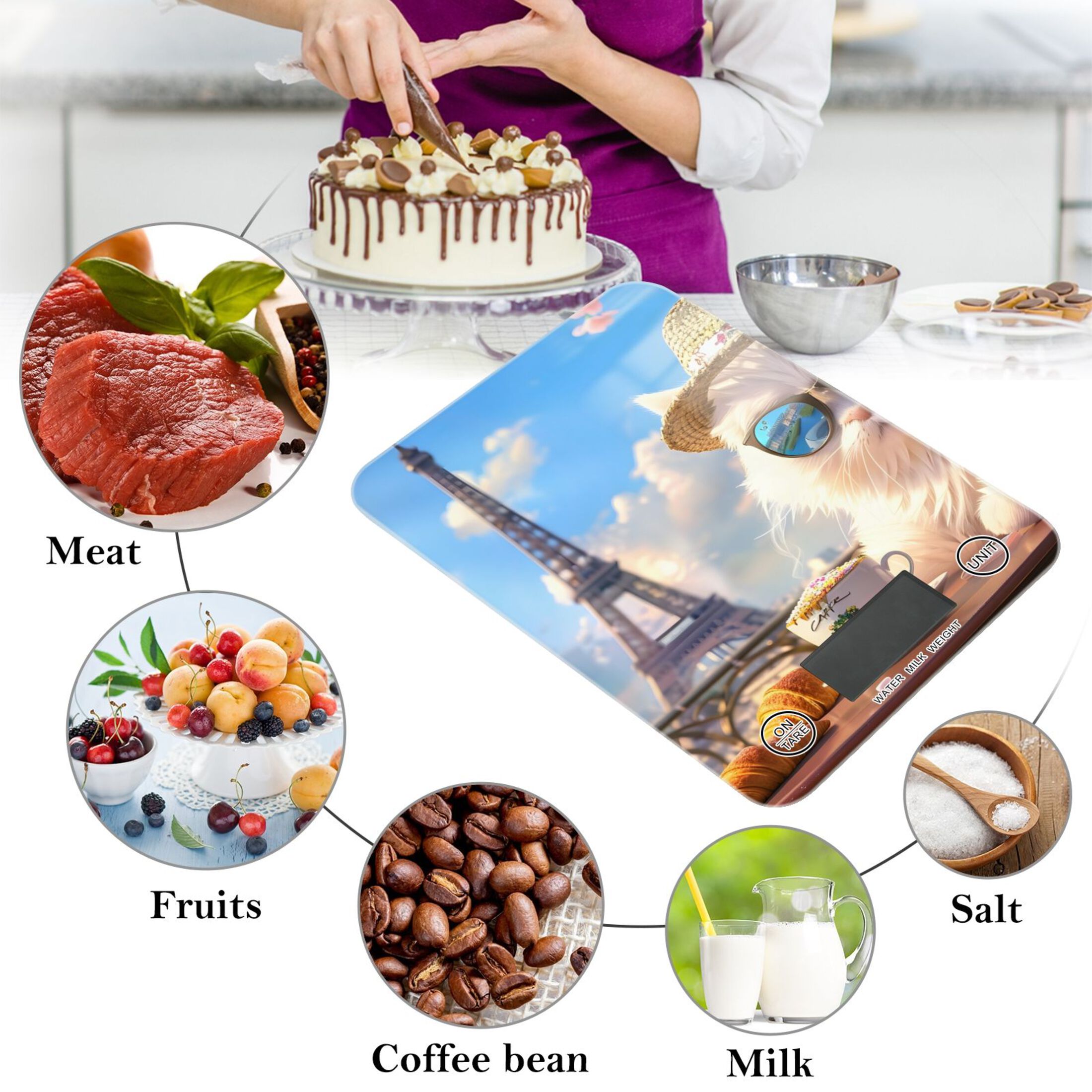 Cat Tower Flowers Food Scale Digital Kitchen Scale Waterproof Tempered Glass Tare Function 11 lb for Baking Cooking Meal Prep