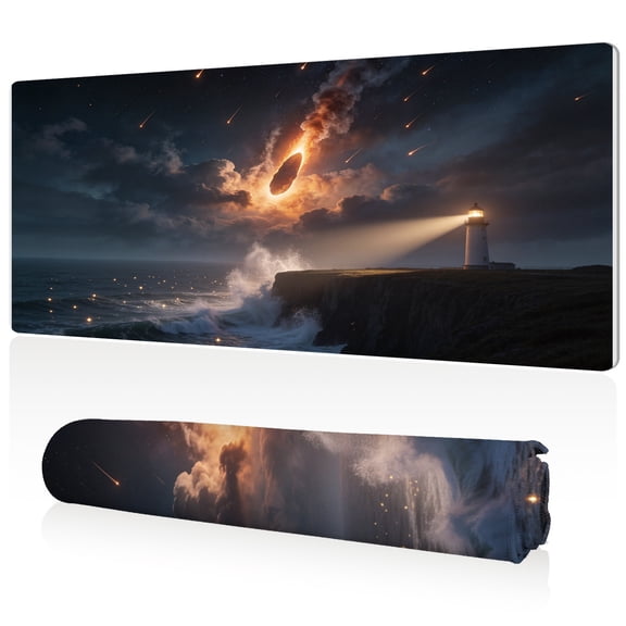 LIVEKEY XL Mouse Pad Lighthouse and Meteor Shower 80x40x0.3cm Extra Large Full Desk Coverage Non Slip Durable Easy Clean Stitched Edges for Gaming and Office