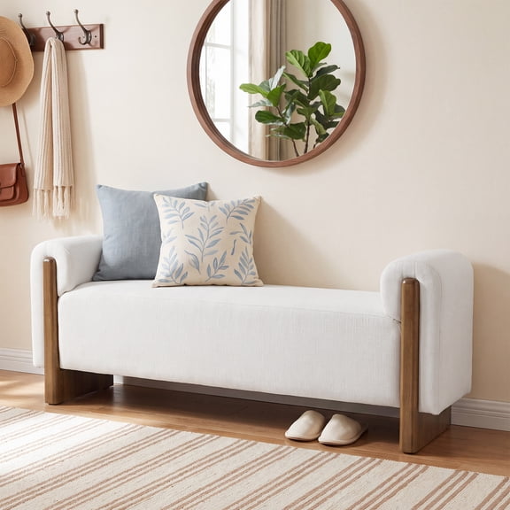 55" Upholstered Entryway Bench with Solid Wood Base & Armrests, Modern White Linen Shoe Bench for Hallway