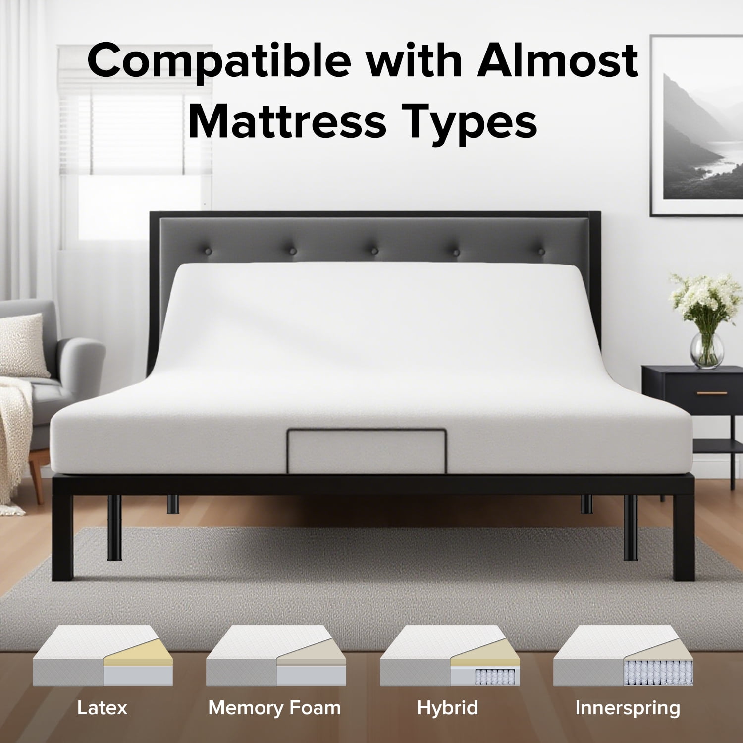 Yoneston Queen Size Adjustable Bed Base Frame with Head & Foot Incline, Massage, Wireless Remote, 0 Zero Gravity, LED Nightlight & USB Ports, Anti-Snore, Black