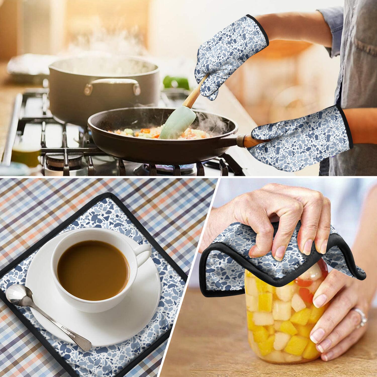 Camouflage Oven Mitts and Pot Holders Set Of 4, Heat Resistant Kitchen Gloves with Non-Slip Grip, Hanging Loop, Soft Cotton Lining for Baking, Cooking, Grilling, Barbecue