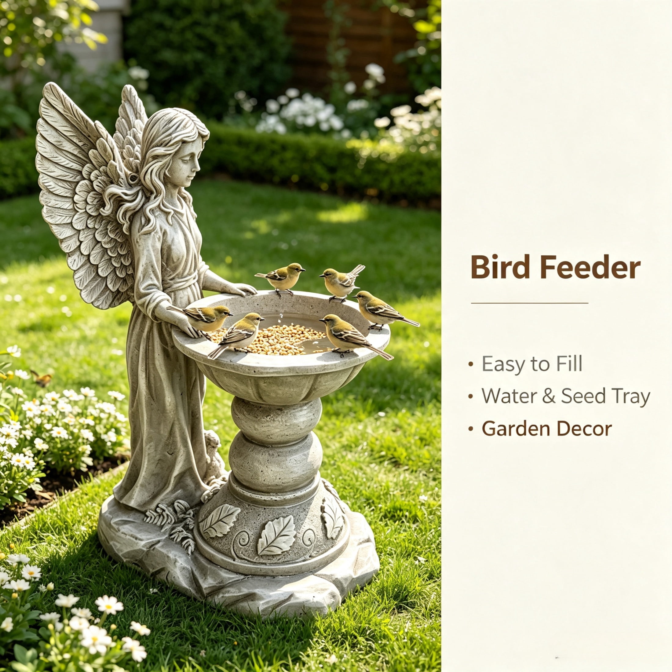 GDF Studio Angel Bird Bath Garden Statue, Vintage Off-White Resin Sculpture Figurine with Bowl, Outdoor Yard Lawn Decor
