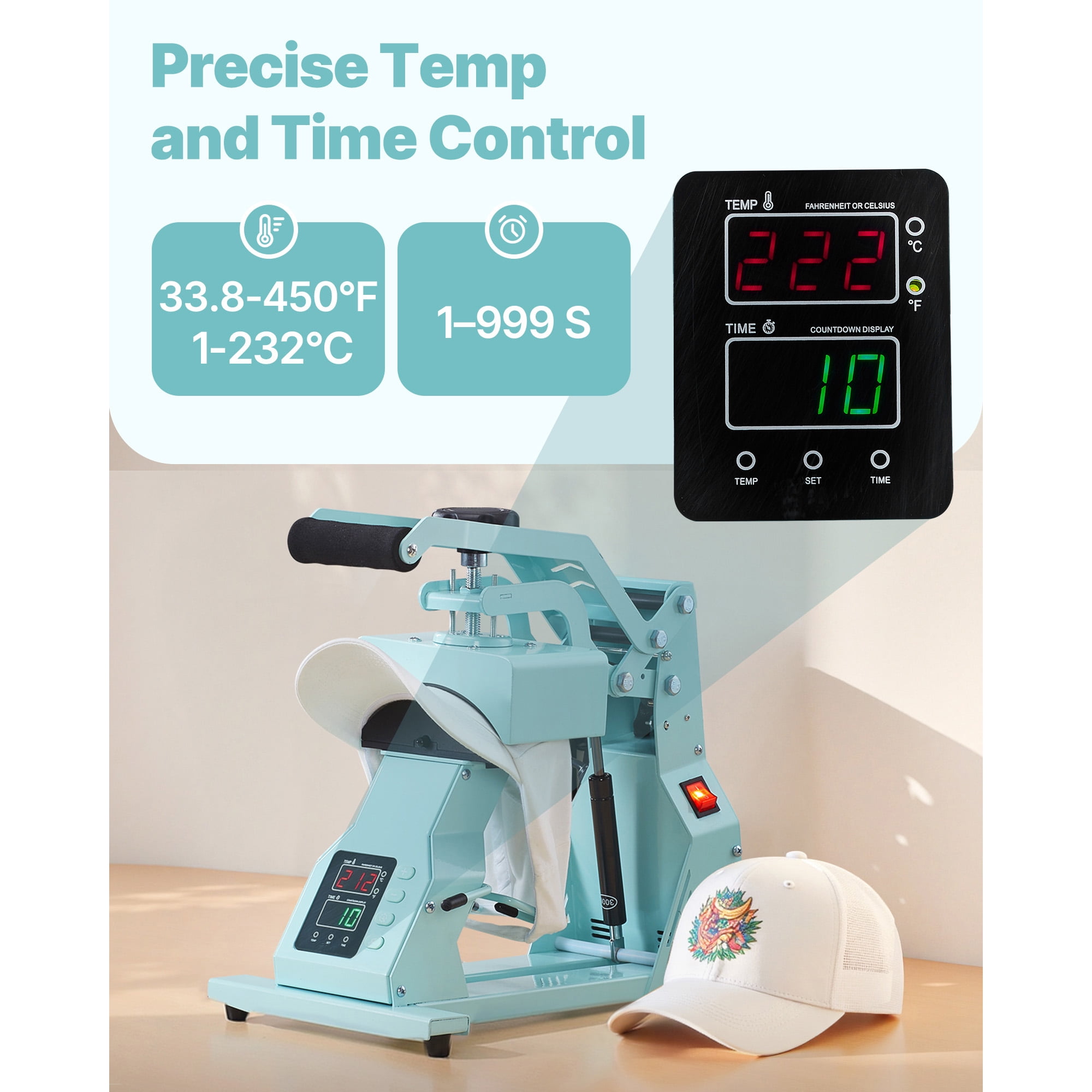 KFFKFF Hat Heat Press Machine with 4 Interchangeable Platens, Accurate Temperature and Time Settings, Ideal for HTV and Sublimation on Caps, Headbands, Cuffs, and Face Masks, Green