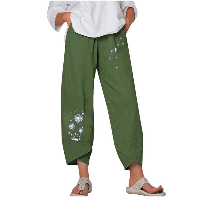 Pantalones estampados de bolsillo de algodón y lino sueltos casuales de verano para mujer Pantalones Pompotops ulkah939088