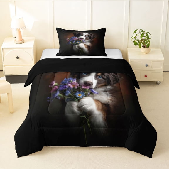 Homewish Kawaii Dog Twin Comforter Sets,Purple Daisy Floral Bedding Set,Pet Lover Decor,Black Reversible,2 Pieces,1 Comforter and 1 Pillowcase