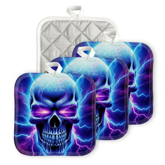 BaHomeck Pot Holders 4pcs dacron Made Square heat-resisting mat Machine Washable for Kitchen Oven Hot Pads 6.7inch*6.7inch,Skull With Glowing Eyes Surrounded By Lightning