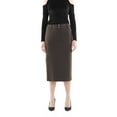 thumbnail image 5 of Guzella Straight Midi Skirt High Waisted Decoretive Metal Snaps Side Vented Below The Knee Skirt (Brown), 5 of 5