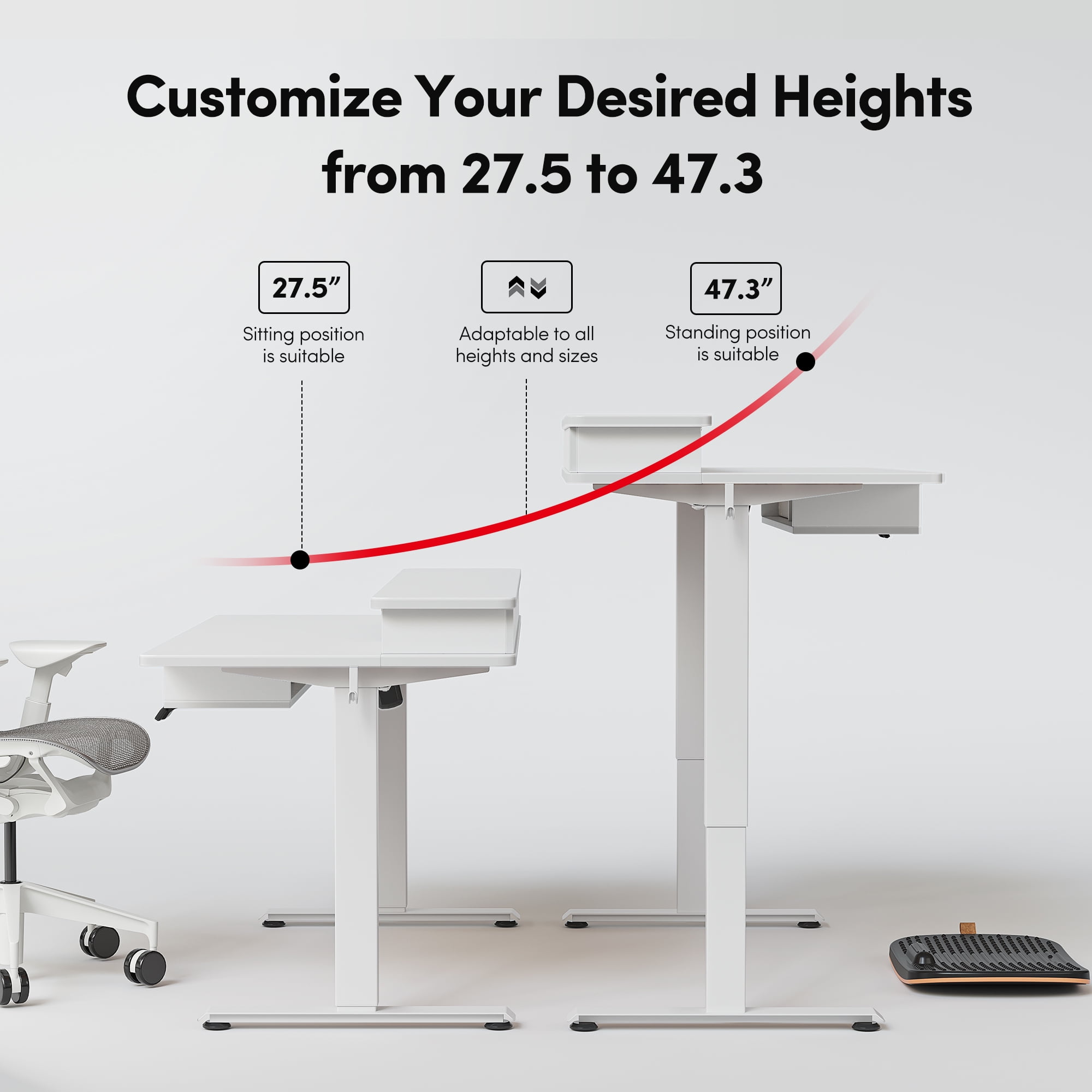 DESINO 48 x 24 Inch Height Adjustable Electric Standing Desk with Drawers, Stand Up Table with Large Storage Shelf, Sit Stand Desk for Home Office, White