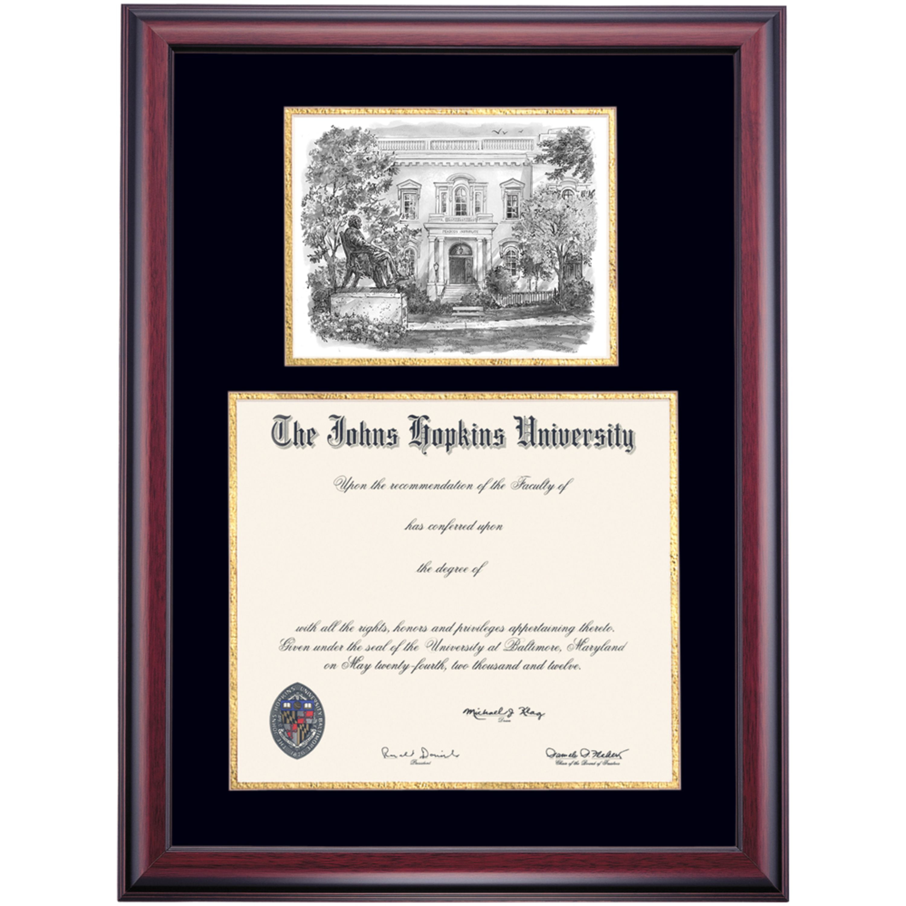 OCM Diploma Frame for Johns Hopkins University JHU, Black/Gold Mat with