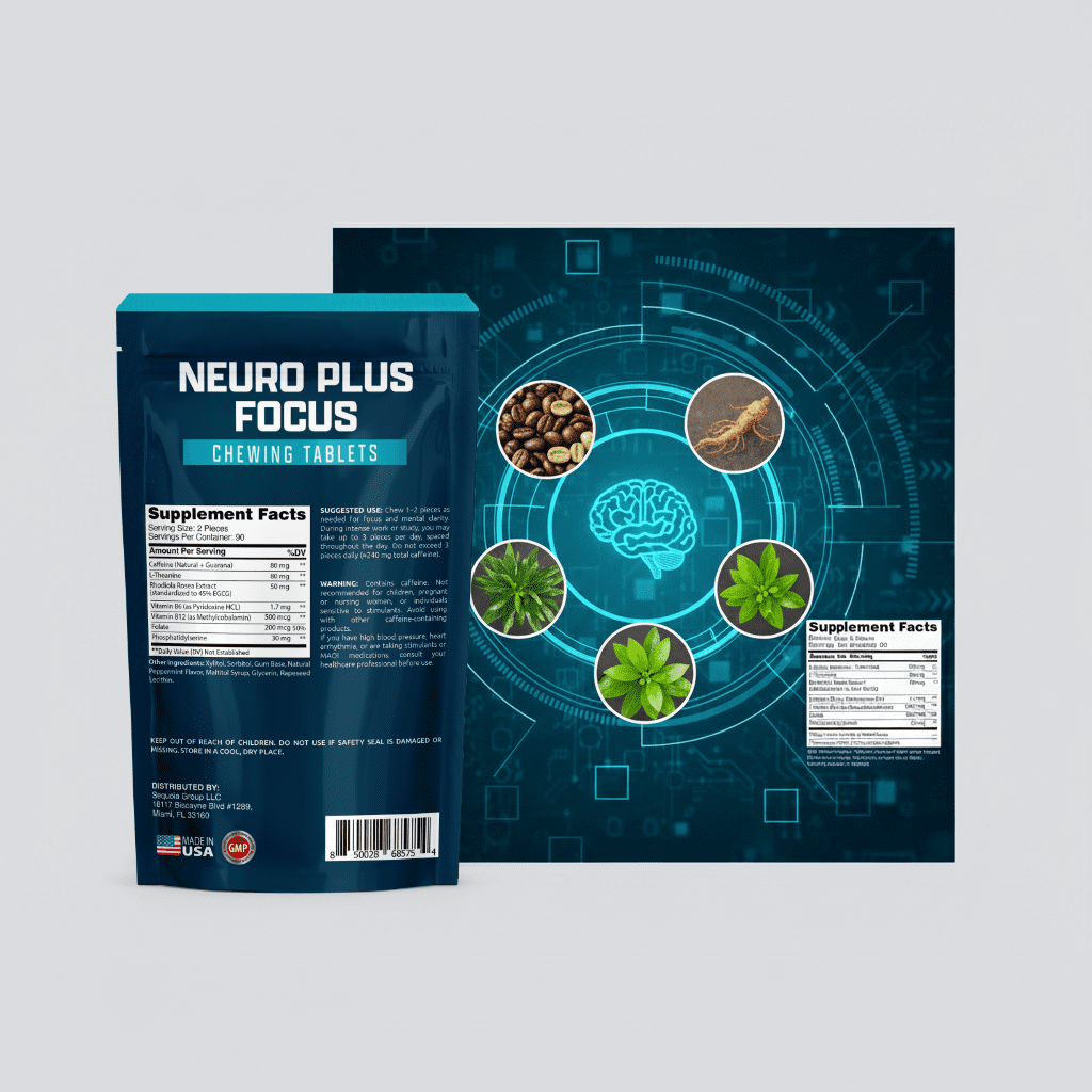 Healblend Neuro Plus Focus Chewing Tablet - Peppermint Flavor - Nootropic Energy Tablet with Caffeine, L-Theanine, Rhodiola - Supports Memory, Mental Clarity & Concentration - 90 Pieces (2 Pack)