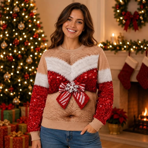 Funny Christmas Sweatshirt Hairy Chest with Sequin Bow Beige Ugly Christmas Sweater Holiday Party Shirt