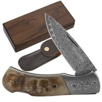 YOUSUNLONG Folding Knife - Camping Knife Overall 140mm Japanese Damascus Steel Antelope Horn Handle