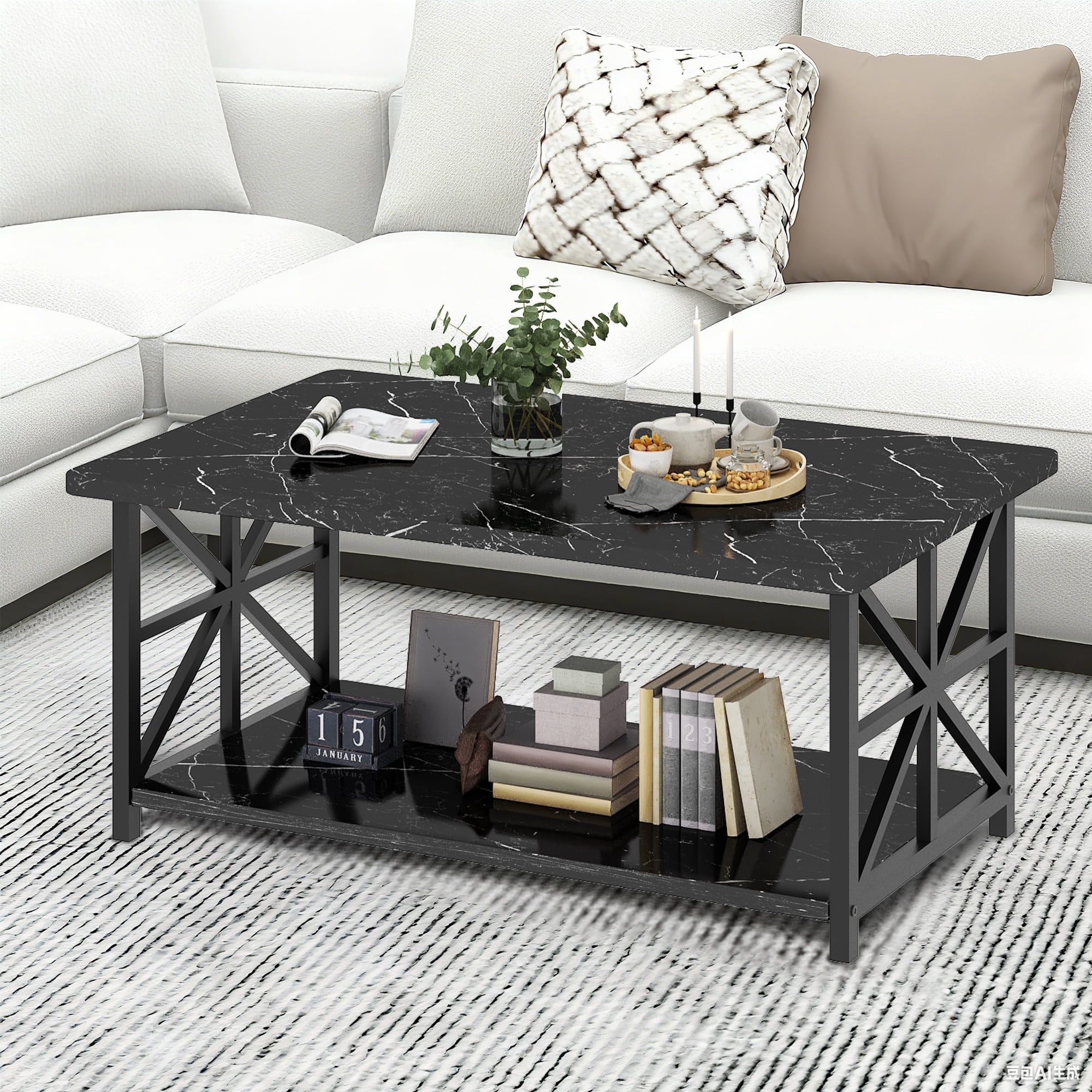 Cvortll Coffee Table Round Corners, 2 Tier Living Room Table with Storage Shelf, Rectangular Tabletop Center Desk for Small Spaces, Black
