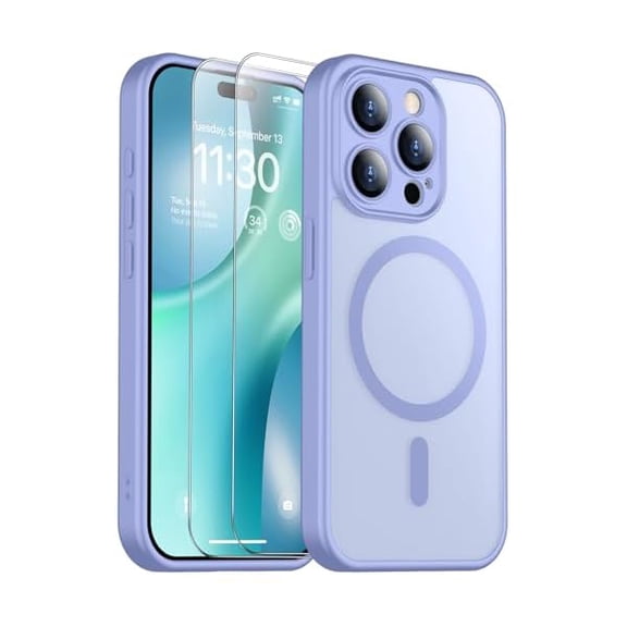 Eryueer for iPhone 15 Pro Max Case, Magnetic Translucent Matte Case with 2PCS Tempered Glass Screen Protector Slim Phone Case for iPhone 15 Pro Max 6.7'', Light Purple