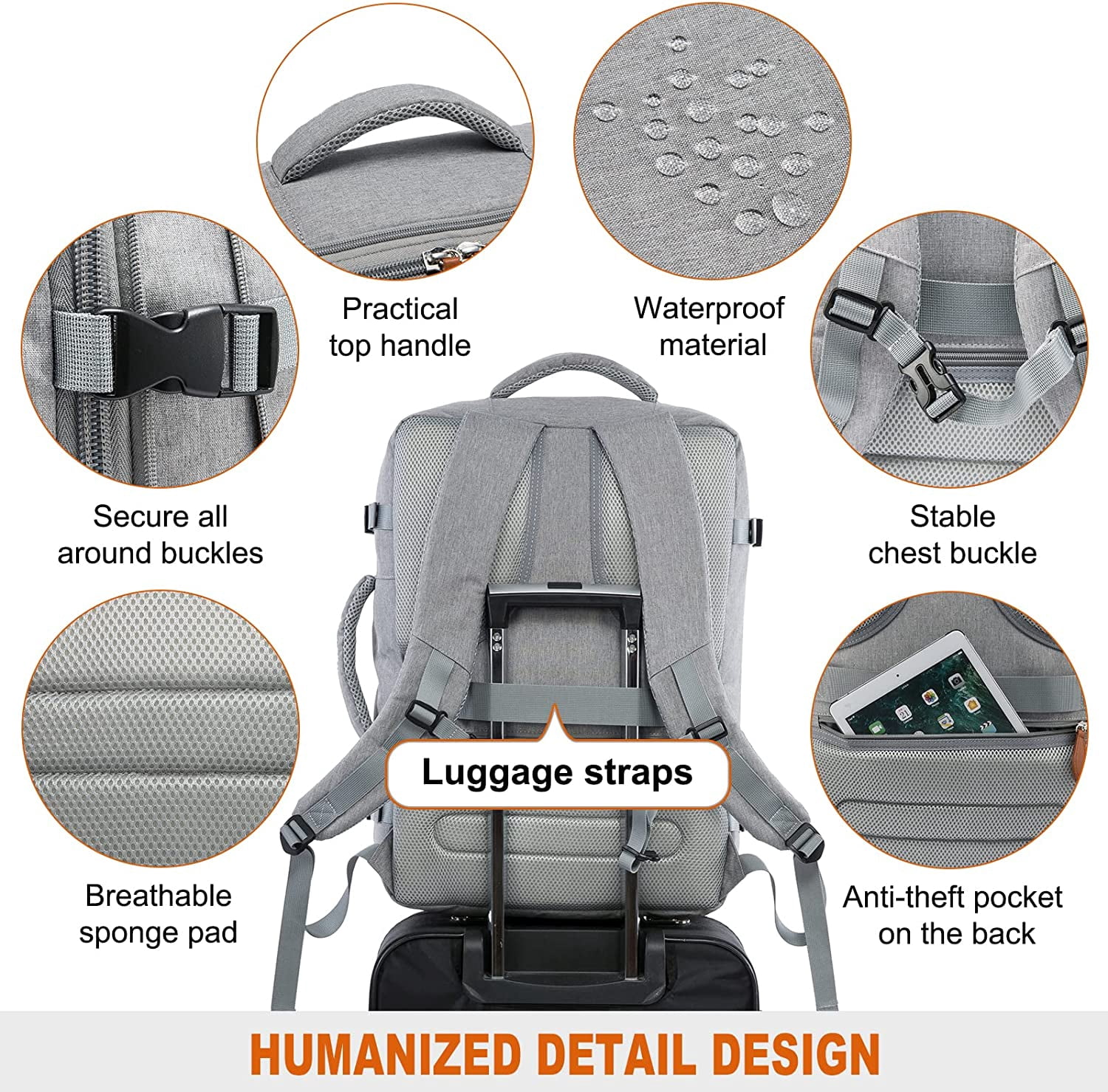 LOVEVOOK College School Backpack Men Women, 40L Expandable Carry On Luggage Set Airline Approved, Large Waterproof Suitcase Weekender Overnight Bag-Grey
