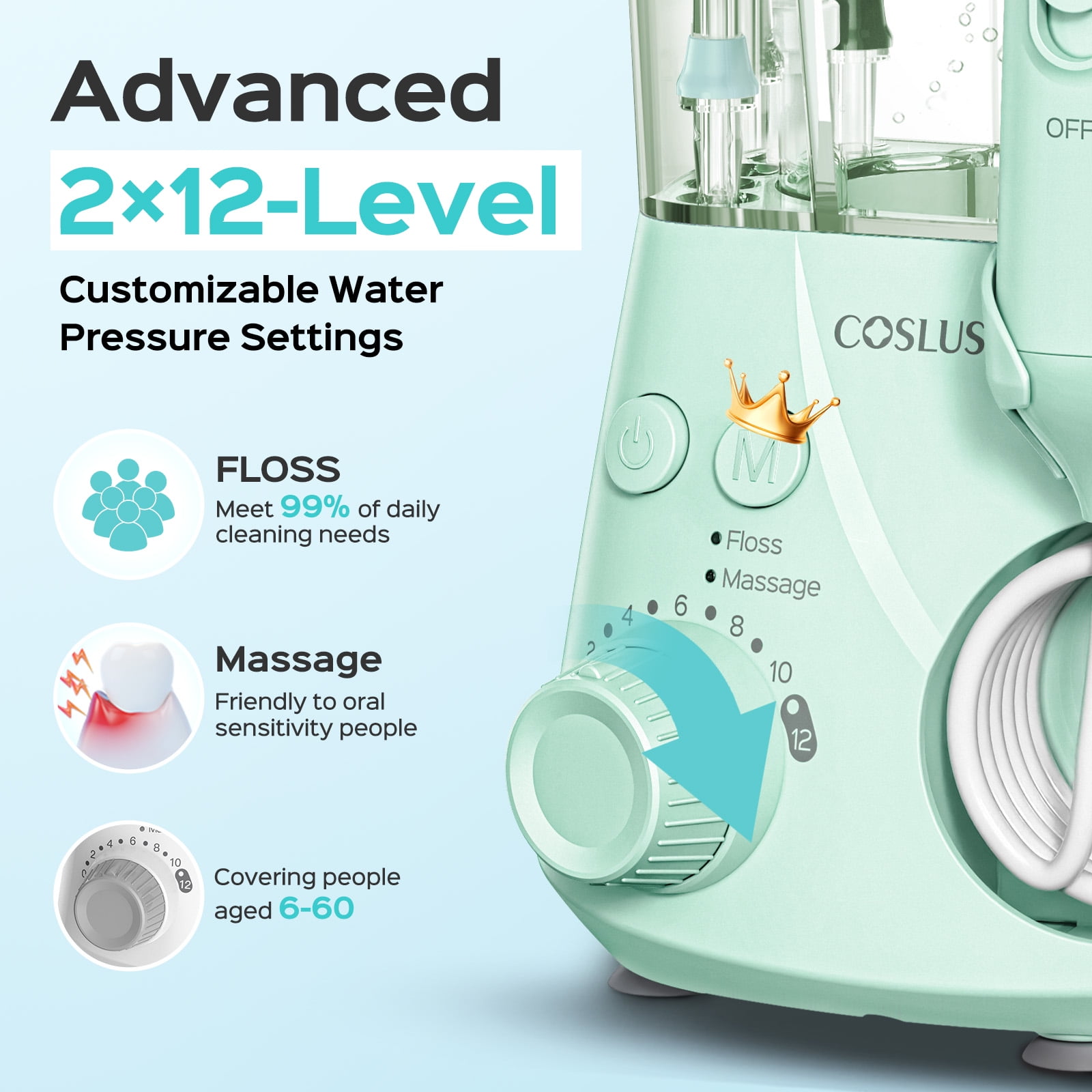 COSLUS EX2 Water Flosser for Teeth,Water Dental Flosser Pick for Teeth,2 Modes & 12 Pressure Settings,600ML,5 Jet Tips for Multiple Users ,Green