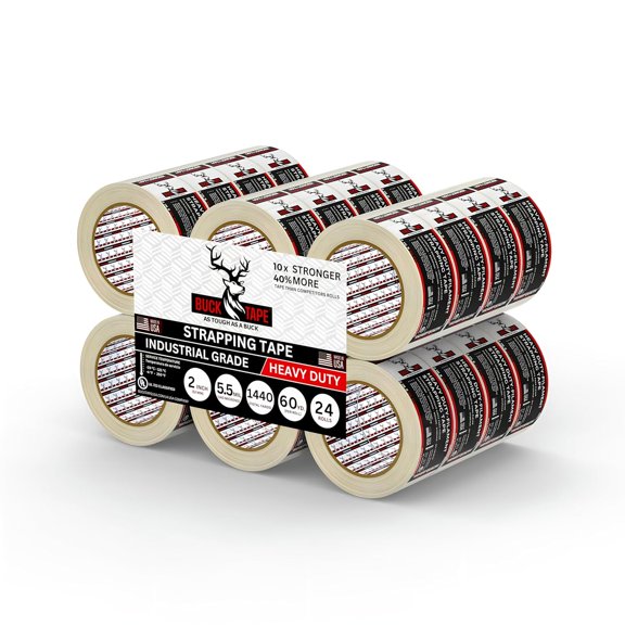 24 Pack Buck Strapping Tape 2 Inch x 60 Yds (180ft) - 5.5Mil Thickness, Heavy Duty Industrial Grade Mono Directional Fiberglass Reinforced Filament Tape with Synthetic PET Adhesive for Secure Packing