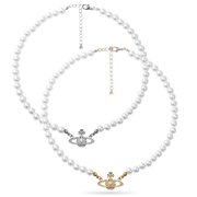 APETPUT 2PCS Pearl Necklace Set, Pearl Choker Necklaces for Women Charm Lady Girlfriend Saturn Necklace Wedding Birthday Anniversary