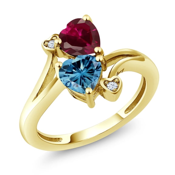 Gem Stone King 10K Yellow Gold Fashion Right-Hand Ring Heart Shape Red Created Ruby and Vivid Persian Blue Moissanite (1.79 Cttw, Size 5)