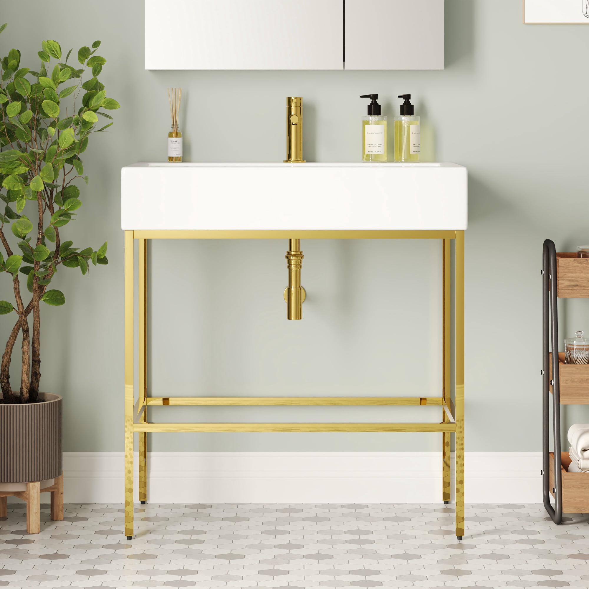 32 in. L x 17 in. W White Ceramic Console Sink Basin and Stainless Steel Golden Legs Combo with Overflow Hole