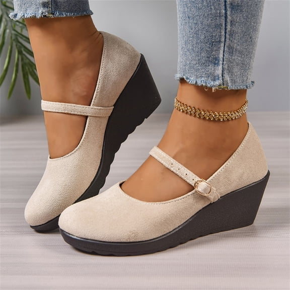 Willtoo Women’s Mary Jane Wedge Pumps, Closed Toe Faux Suede Wedge Heels with Buckle Strap, Comfort Dress Shoes for Work & Wedding & Outdoor