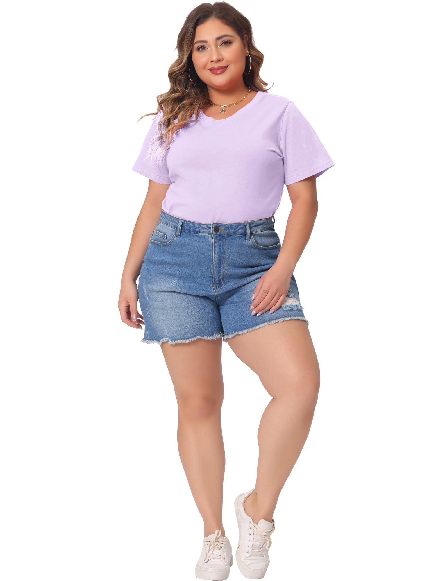 DARING DIVA Women's Plus Basic V Neck Short Sleeve Casual Tops T Shirts 1X Purple