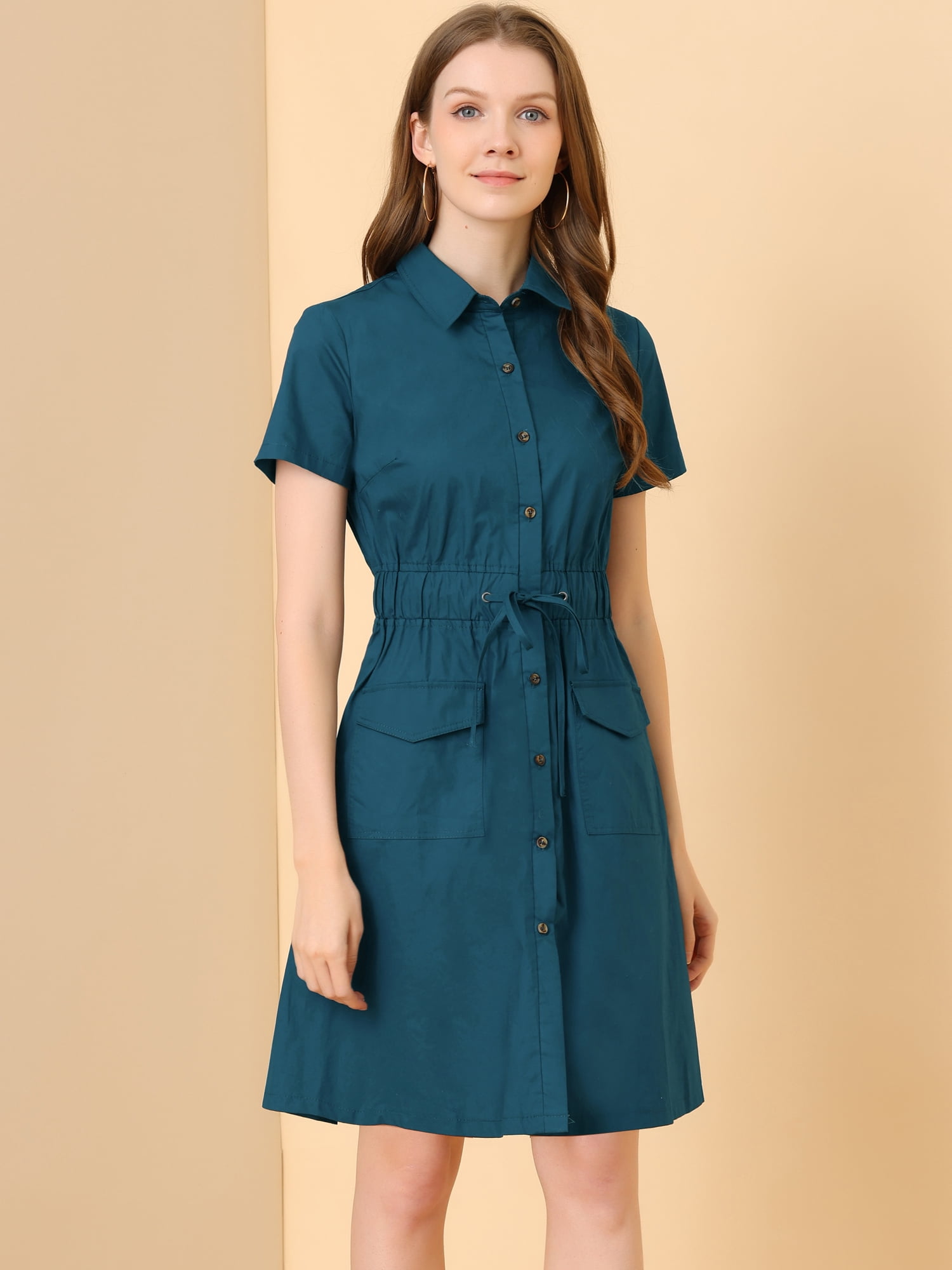 DARING DIVA Collar Elastic Waist Above Knee Dress with Pocket XL Navy Blue