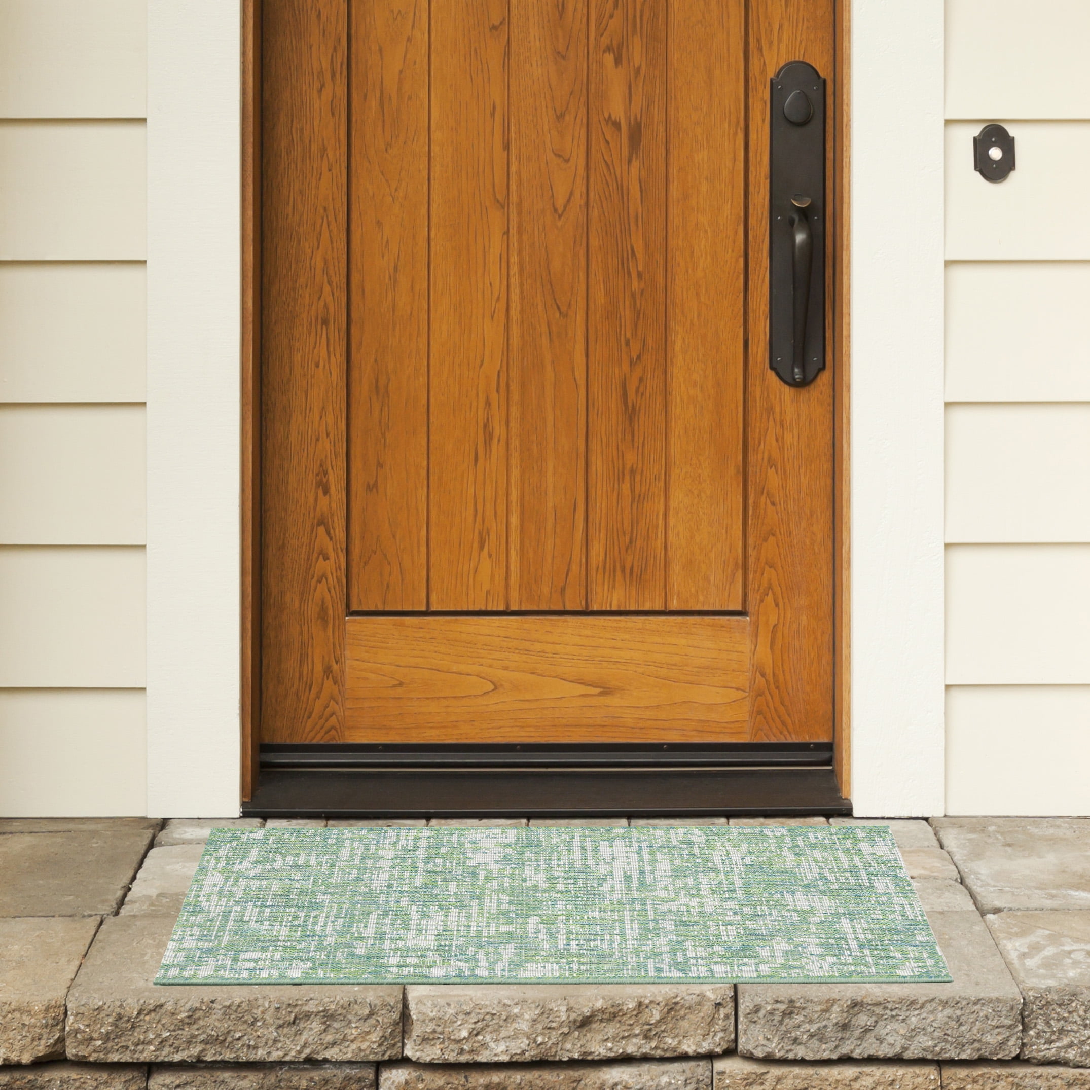 SAFAVIEH Courtyard Isolde Abstract Indoor/Outdoor Area Rug, Green Blue/Ivory, 6'7" x 6'7" Square
