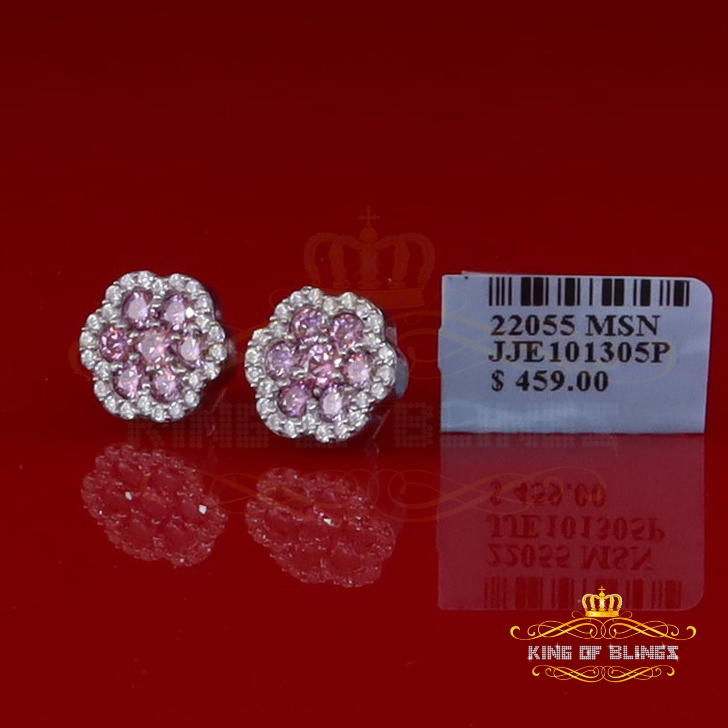 King of Bling's 925 Silver White 1.50ct VVS D Pink Moissanite Floral Men's/Women's Stud Earrings