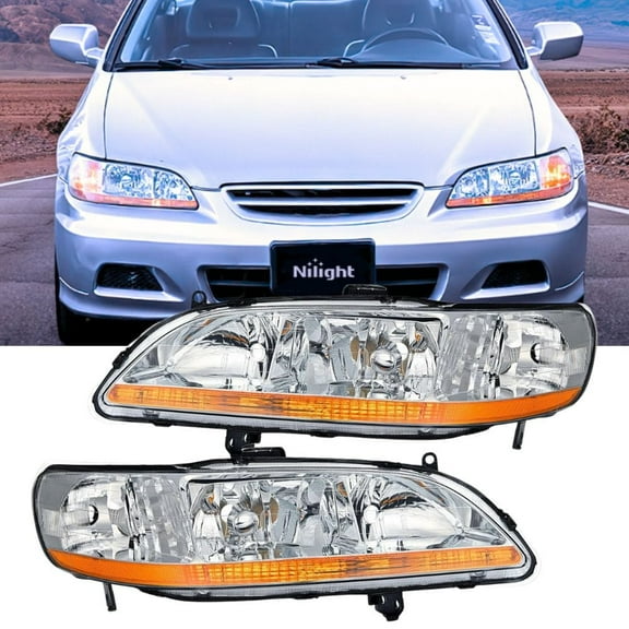 Nilight Headlight Assembly Compatible with 1998 1999 2000 2001 2002 Honda Accord Headlamps Replacement Chrome Housing Amber Reflector Upgraded Clear Lens Driver and Passenger Side