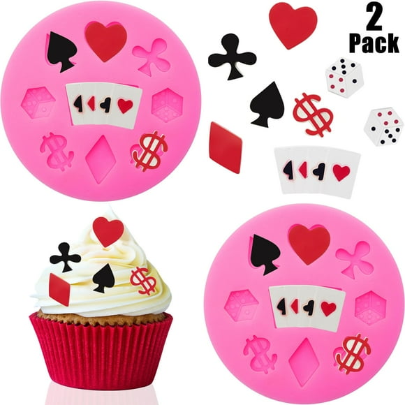 WILLBOND 2 Pieces Poker Silicone Molds 3D Casino Themed Chocolate Molds Mini Heart Cards for Candy Fondant Pink Non Stick Cupcake Cake Baking Mold