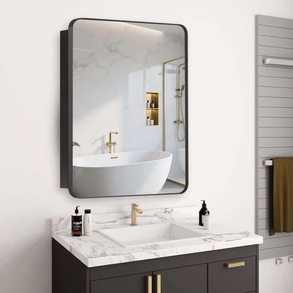 FUMANGO 16’’x20’’ Medicine Cabinet,Metal Framed Medicine Cabinet Mirror with Round Corner,Recessed and Surface Mount Bathroom Mirror with Storage, Removeable Shelves,Dark Gray Frame