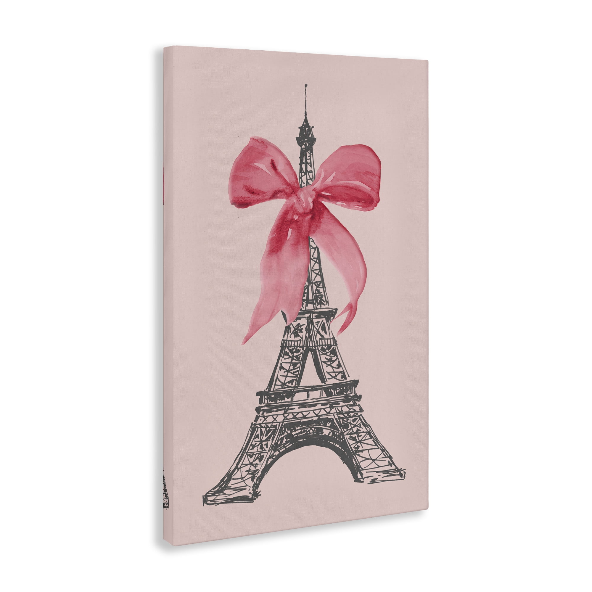 Stupell Industries Pink Bow on Eiffel Tower Buildings & Architecture Painting Wrapped Canvas Art Print Wall Art, 20 x 30