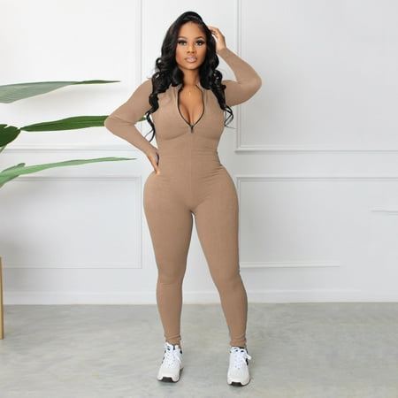 Jumpsuit Women S Zipper V Neck Long Sleeve Jumpsuit Rompers Bodysuit Catsuit Sport Jumpsuit  Women S Polyester Jumpsuit 2XL