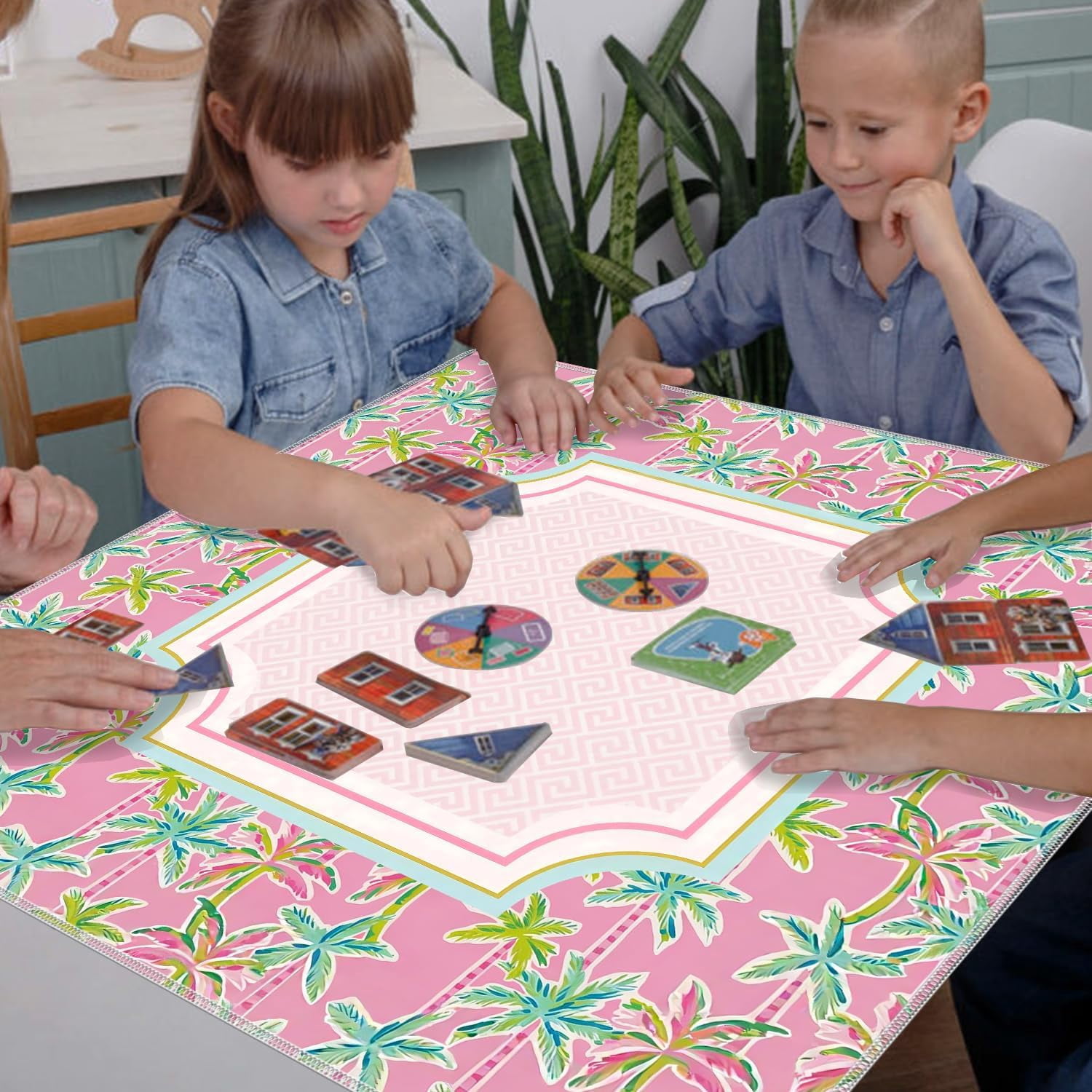 Pink and Green Tropical Mahjong Mat for Table 31.5x31.5 in, Summer Tropical Palm Tree Mahjong Table Mat Cover Anti Slip Noise Reduction for Mah Jong Card Board Tile Games