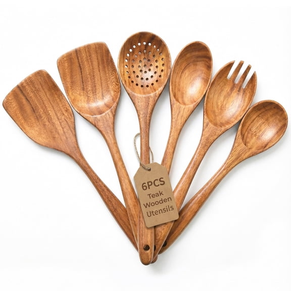 Premium Natural Teak Wood Kitchen Utensil Set, Spoons & Spatula Wooden Cooking Utensils Set, Non-Stick Hand Wash Kitchen Tool Set, 6 Piece Utensil Set