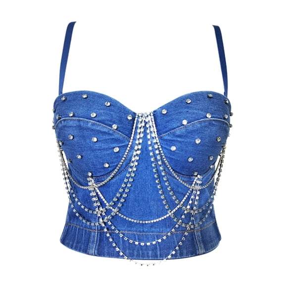 HAPIMO Denim Rhinestone Chain Bustier Corset Top Women Sweetheart Neck Waist Shaping Clubwear Blue 75