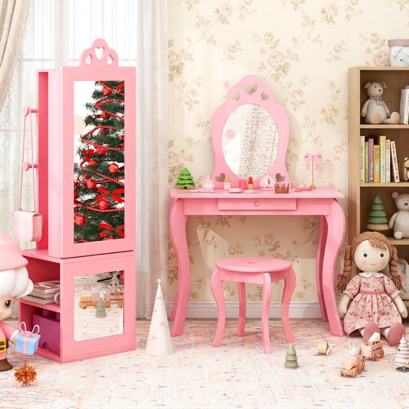 Furnibear Kids Vanity Set Girls Dressing Table and Stool with Full-Length Mirror Jewelry Cabinet Drawer for Bedroom, Pink