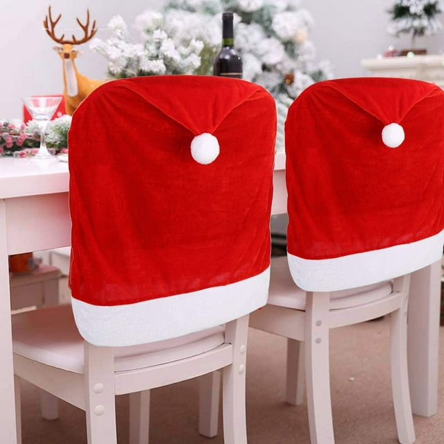 fundas para sillas de comedor con sombrero rojo, fundas traseras para sillas de Navidad, fundas para sillas de cocina para decoración navideña y festiva